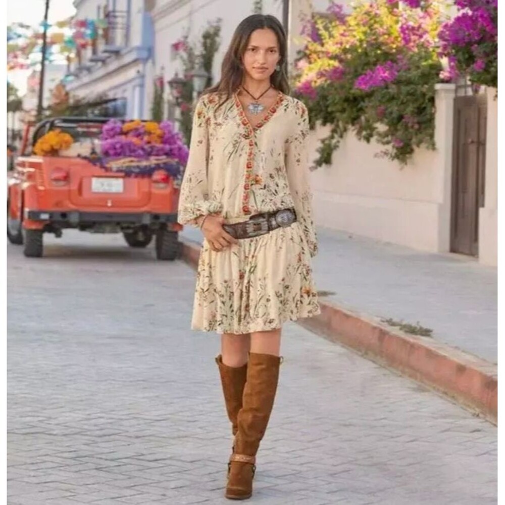 Sundance Womens Dress Beige Mini Floral Embroidered V Neck Drop Waist Boho XL
